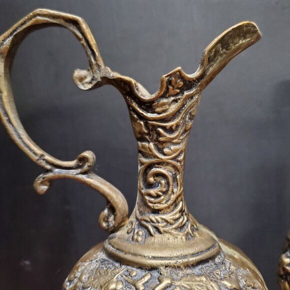 Antique Ornate Victorian Brass Cherub Ewer Pitcher Pair - Picture 6 of 11